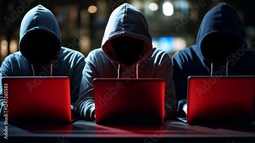Group of three hackers using their laptops, during nighttime. Cyber attack threat