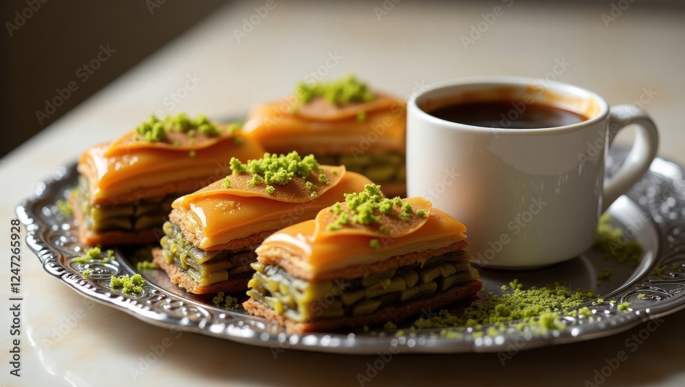 Delicious baklava pastries, layered with nuts and syrup, served with a cup of coffee on an ornate silver platter.