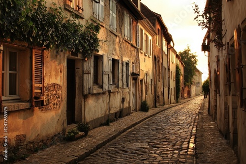 Charming cobblestone street with centuries-old buildings bathed in the warm glow of a setting sun