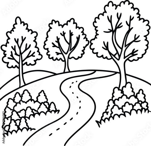 Black and white whimsical illustration of a winding path through a landscape with trees.