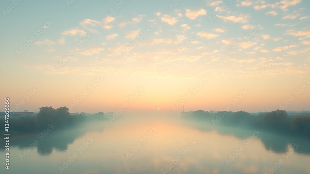 Fototapeta premium Serene River Sunrise Mist Soft Cloudscape