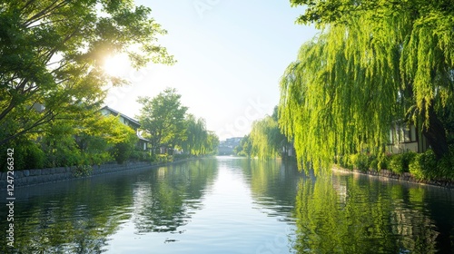 A serene river scene surrounded by lush greenery and sunlight filtering through the trees, creating a peaceful atmosphere.