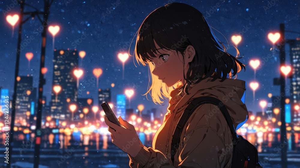 Fototapeta premium Pensive anime girl in city with heart lights gazes at phone, creating a dreamy, introspective moment in the urban nightscape.