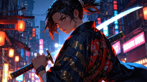 Confident katana wielder in a stylized urban setting, striking a pose with a sword and kimono. photo