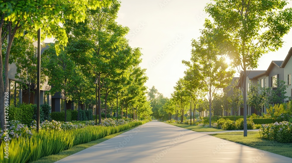 A serene tree-lined street bathed in sunlight, showcasing beautiful homes and lush greenery, perfect for tranquil living. A serene tree-lined street bathed in sunlight, showcasing beautiful homes and lush greenery, perfect for tranquil living.