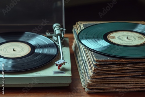 Collection of old vinyl records stacked beside a vintage turntable capturing timeless music memories