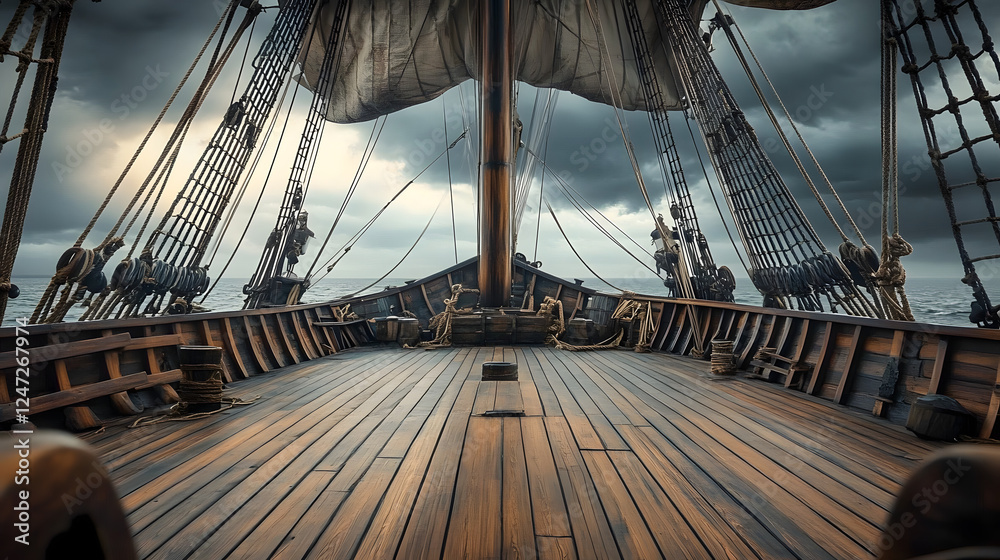 Naklejka premium A deserted pirate ship deck with wooden planks, sails, and rigging, set against a moody sky backdrop for a theater stage scene.