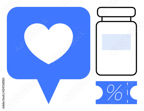 Heart in notification bubble, medicine bottle, and discount voucher symbol. Ideal for health, wellness, social media, medication, healthcare savings pharmacy patient care. Abstract line flat