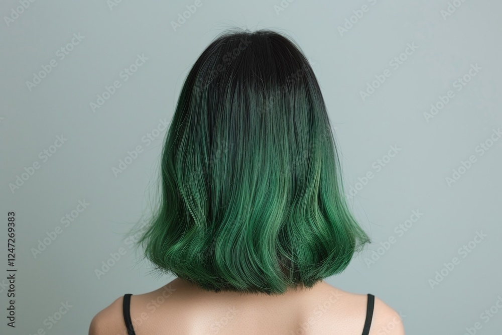 Fototapeta premium Dark green ombre hairstyle with black roots, shoulder-length sleek haircut, bold and modern look, creative hair styling, stylish beauty trends, vibrant gradient tones, isolated on gray background