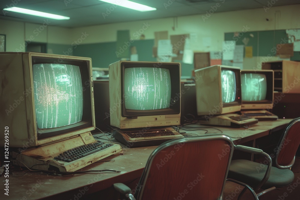 Naklejka premium Outdated computer lab evokes nostalgia with dusty monitors and erratic static reflections