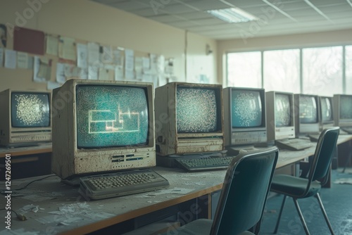Dusty computer lab with outdated monitors reflecting nostalgia and quiet desolation