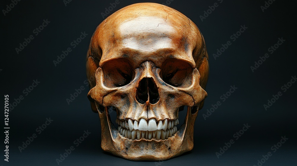 Fototapeta premium Human skull, anatomical study, dark background, medical illustration