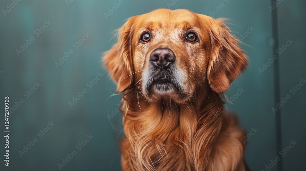 Fototapeta premium Golden retriever dog, close-up portrait on green background, expressive and fluffy pet, minimalistic and vibrant composition, calm and adorable image, isolated and friendly pose