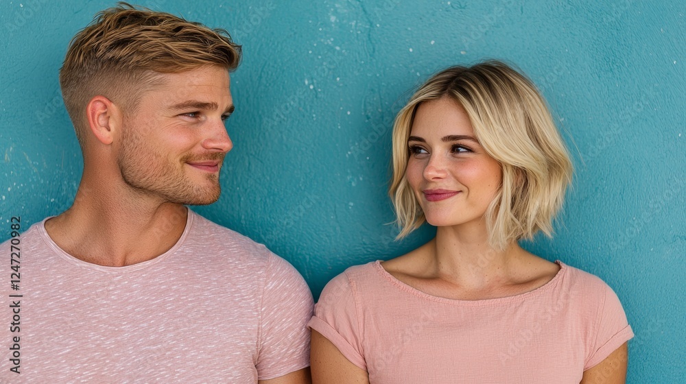 Fototapeta premium Joyful Couple in Casual Outfits Smiling Against a Vibrant Blue Background