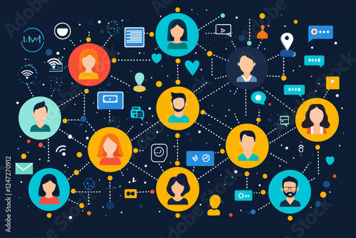 Digital communication network with diverse user icons and connection lines, representing online interaction and social media engagement
