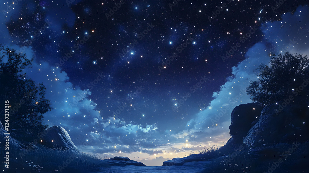 Fototapeta premium A peaceful night sky with stars shining brightly, creating a vast and breathtaking celestial scene that captures the essence of wonder and calm.