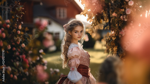 young girl in a pink dirndl dress with flowers and a sunny day