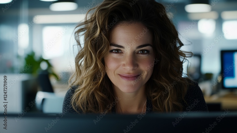 Woman working in an office with wavy hair, white skin, beautiful smile generative ai Woman working in an office with wavy hair, white skin, beautiful smile generative ai