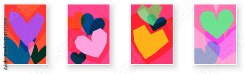 A vibrant set of textured heart designs with bold overlapping shapes. Vector illustration for creative themes.