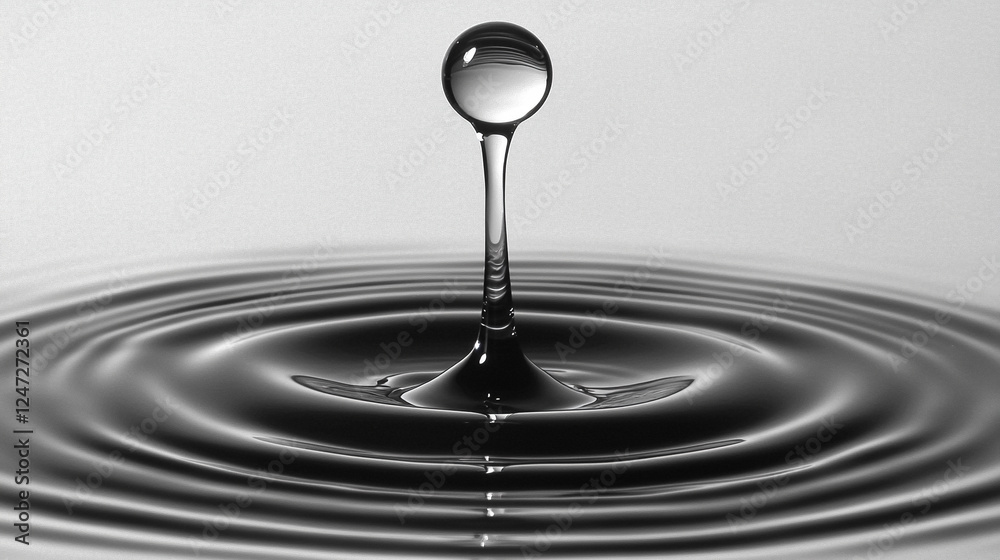 Close-up of water droplets on a smooth reflective surface, symbolizing nature's delicate beauty and the harmonious interaction between light and water in a tranquil setting Close-up of water droplets on a smooth reflective surface, symbolizing nature's delicate beauty and the harmonious interaction between light and water in a tranquil setting