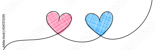 A pink and a blue plaid heart outlined in black, connected by a flowing black line on white. Vector illustration.