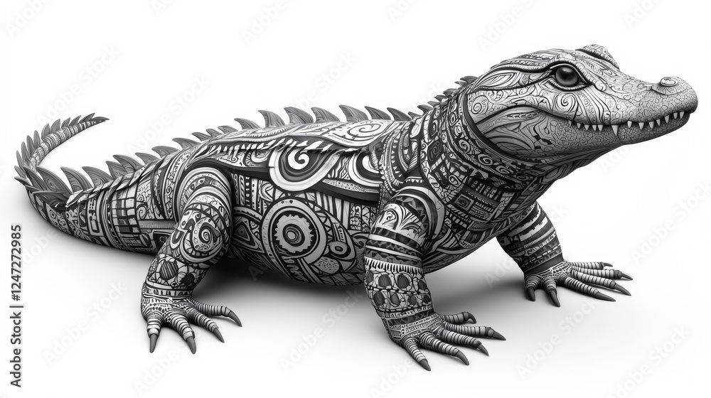 Obraz premium Black and White Tribal Feline Crocodile with Intricate Patterns and Designs
