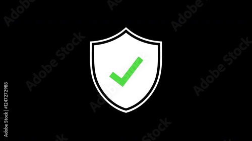 An animated reveal of a shield icon that includes a checkmark, set against a black background with an alpha channel.