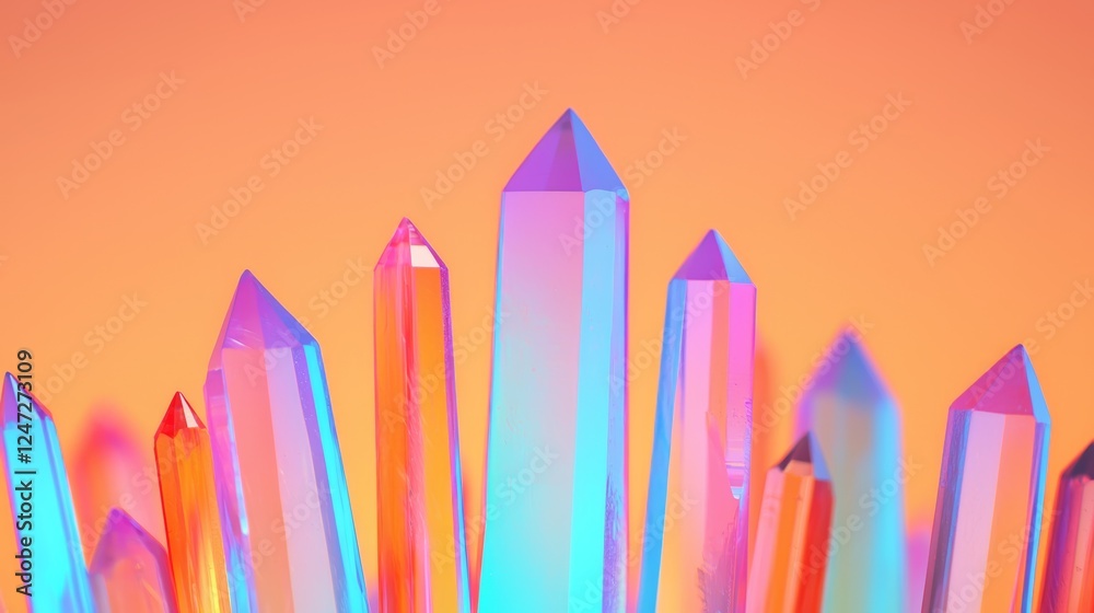 Dreamy Crystals Suspended in Vibrant Colors Against a Soft Orange Background Dreamy Crystals Suspended in Vibrant Colors Against a Soft Orange Background
