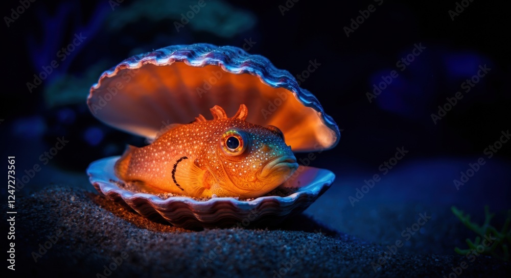 Obraz premium Orange fish resting inside a seashell, showcasing underwater beauty
