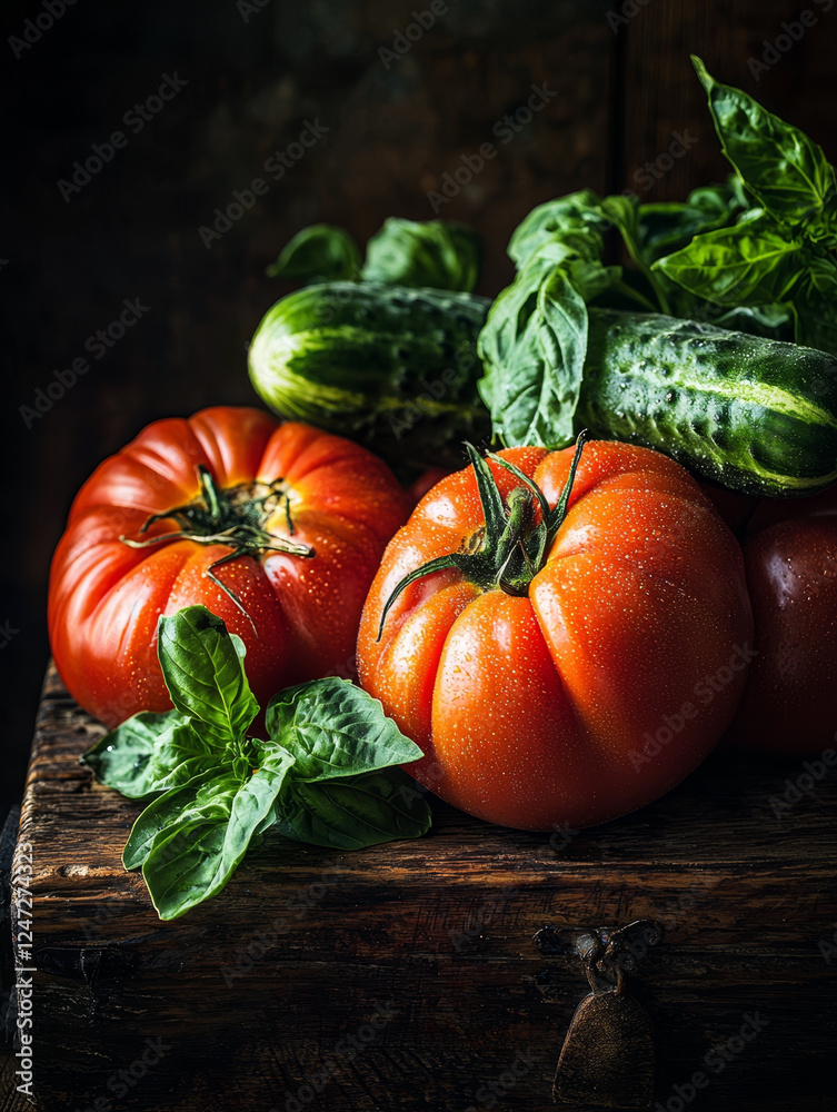 Freshly picked tomatoes, cucumbers, and basil leaves arranged on a rustic wooden board, with a dark and moody aesthetic. Freshly picked tomatoes, cucumbers, and basil leaves arranged on a rustic wooden board, with a dark and moody aesthetic.