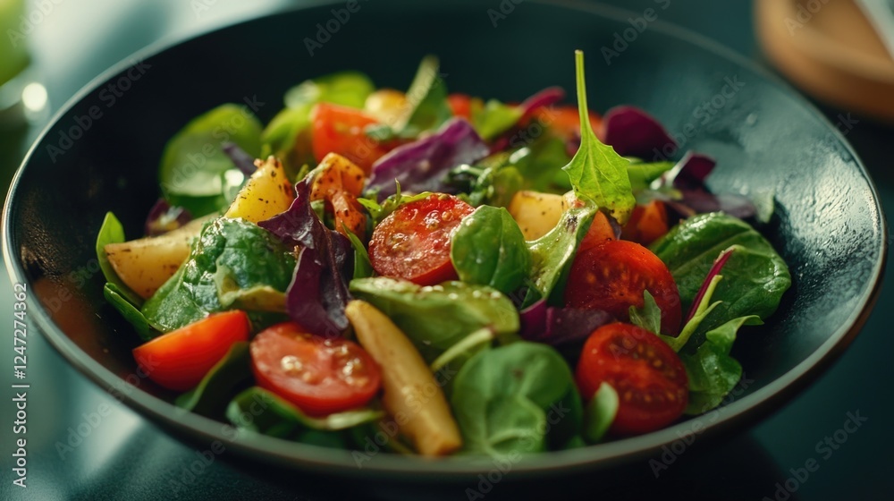 A close-up view of a delicious and healthy mixed green salad served in a bowl, with vibrant red tomatoes and leafy greens. The meal is fresh and colorful, suitable for vegetarians. A close-up view of a delicious and healthy mixed green salad served in a bowl, with vibrant red tomatoes and leafy greens. The meal is fresh and colorful, suitable for vegetarians.