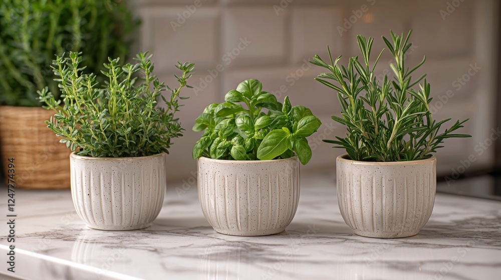 Soft and Calming Setup of Potted Herbs on a Marble Kitchen Countertop Soft and Calming Setup of Potted Herbs on a Marble Kitchen Countertop