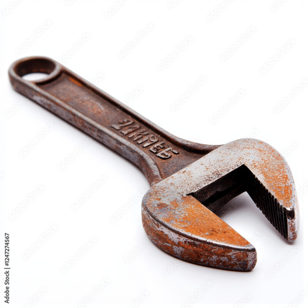 Close-up shot of a weathered adjustable wrench, displaying signs of rust and wear against a clean white background. Close-up shot of a weathered adjustable wrench, displaying signs of rust and wear against a clean white background.