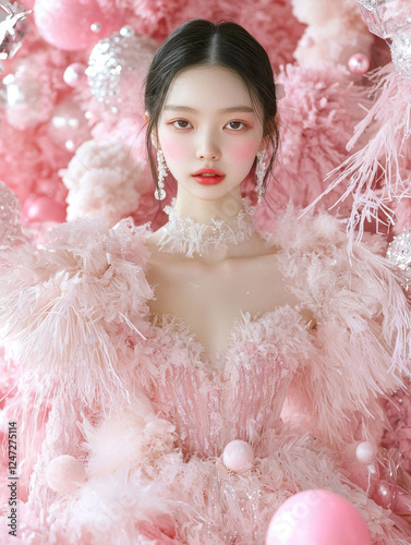 A woman in a pink feathered dress, adorned with sparkling embellishments, stands against a soft, dreamy pink background.