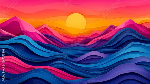Vibrant Paper Art Depicting Sunrise Over Flowing Mountains in Pink and Blue Hues