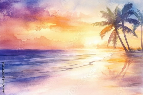 Vibrant watercolor illustration of a tropical beach at sunset with palm trees and reflective ocean waters. Generative AI