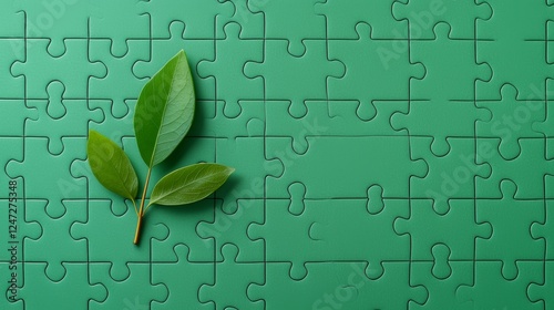 Green Puzzle Pieces with Leaves as a Symbol of Nature and Assembly in Background
