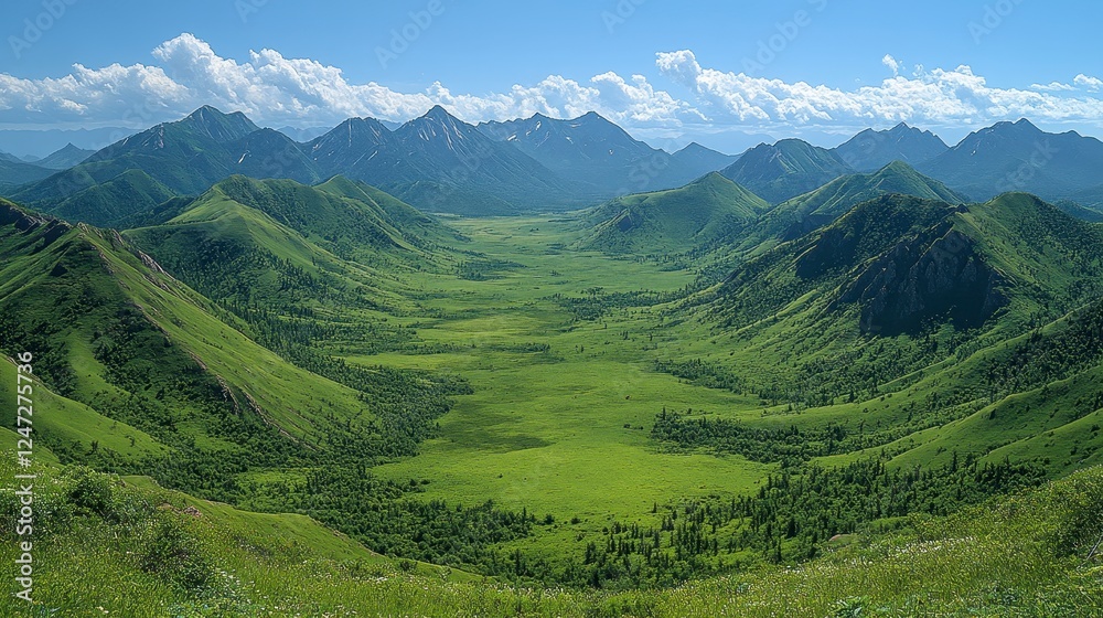 Lush green valley nestled in majestic mountains, sunny day, travel poster Lush green valley nestled in majestic mountains, sunny day, travel poster