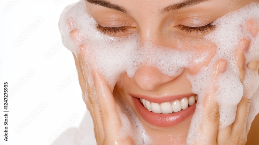 © Newleks - Woman smiling, cleansing facial skin with foaming soap, highlighting personal hygiene and skincare wellness © Newleks - Woman smiling, cleansing facial skin with foaming soap, highlighting personal hygiene and skincare wellness