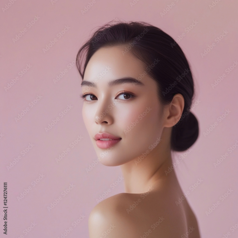 Fototapeta premium Pretty woman of Asian appearance, soft subtle makeup, pink background