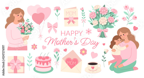 Happy Mother's day stickers set. A woman is holding a bouquet of flowers and a child is holding her. The image is a collage of various elements, including a cake, balloons