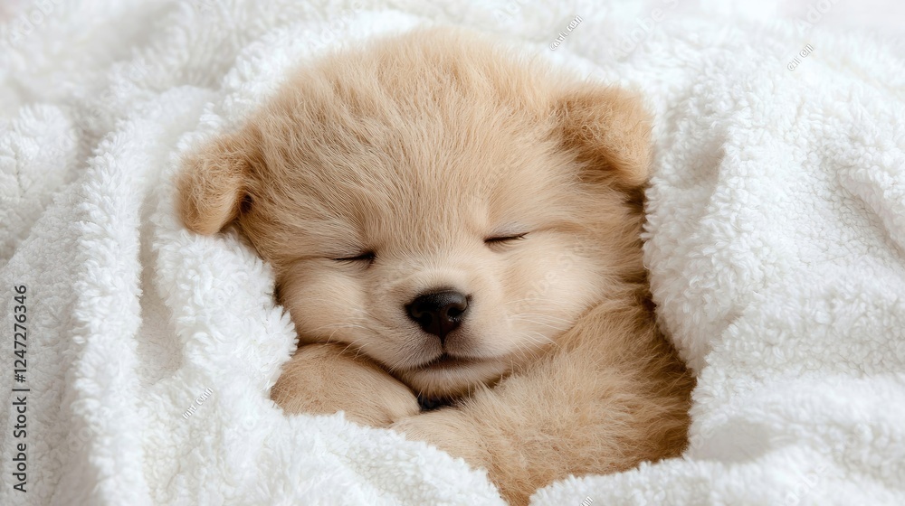 Fototapeta premium Fluffy puppy sleeping soundly under a soft white blanket