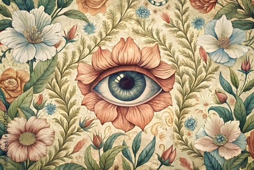 Floral Vision – A Surreal Fusion of Blooming Elegance and the Mystical Gaze of the Unknown Floral Background