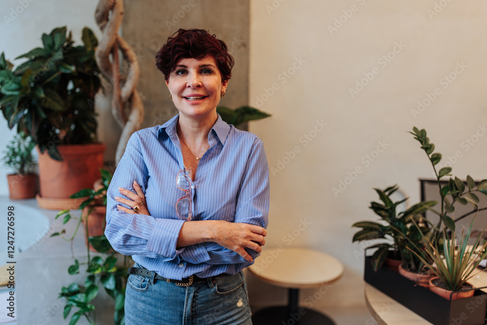 Fototapeta premium Confident businesswoman smiling with crossed arms in modern office with plants
