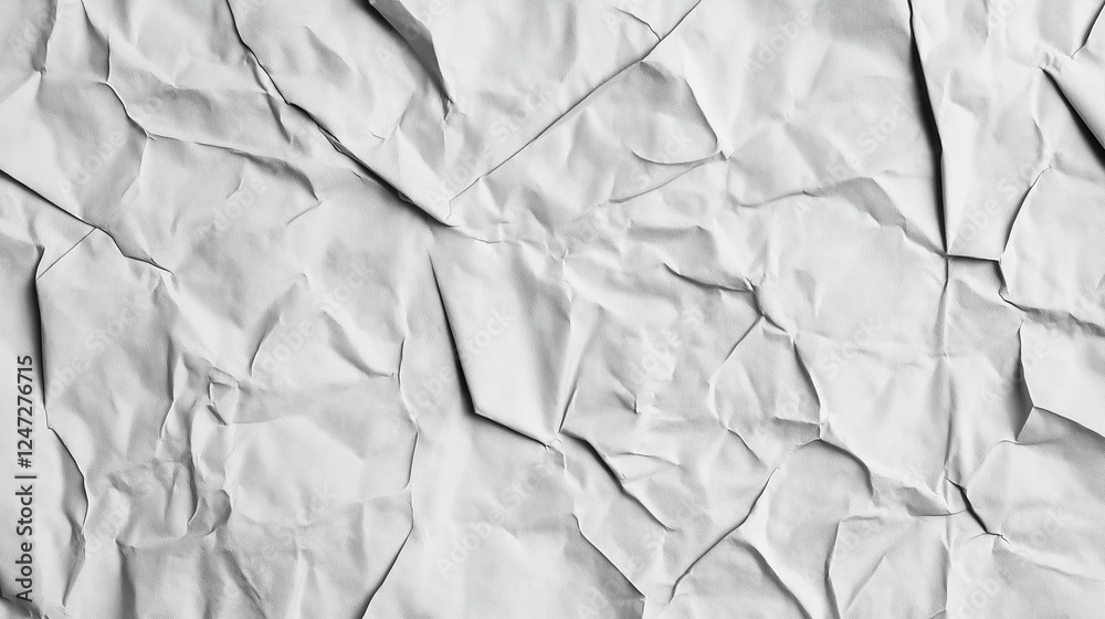 Obraz premium Close up of a crumpled white paper surface, showcasing intricate folds and creases. Ideal for backgrounds, textures, and design projects needing a distressed or organic look