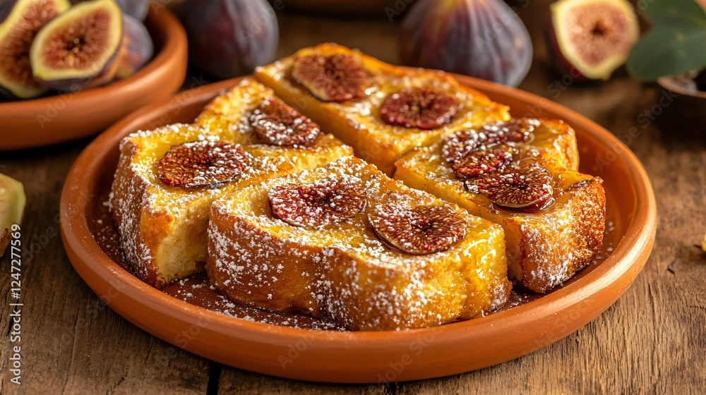 Mediterranean-inspired brioche French toast with orange zest and honey, served on a terracotta plate with fresh figs Mediterranean-inspired brioche French toast with orange zest and honey, served on a terracotta plate with fresh figs