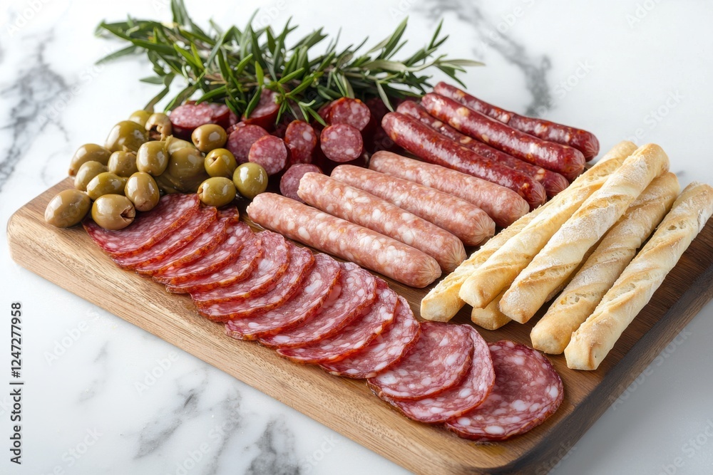 Cutting board showcasing sliced sausages and deli meats with crunchy breadsticks and olives on a marble backdrop Cutting board showcasing sliced sausages and deli meats with crunchy breadsticks and olives on a marble backdrop