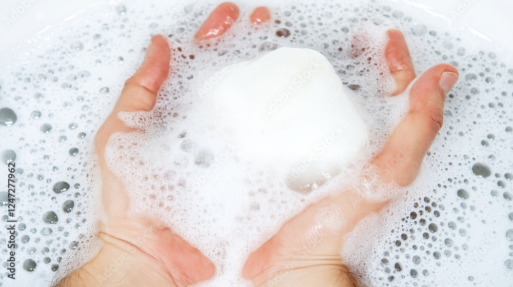 Hands delicately holding handmade soap bar, surrounded by soft white bubbles, highlighting personal hygiene and cleansing ritual Hands delicately holding handmade soap bar, surrounded by soft white bubbles, highlighting personal hygiene and cleansing ritual