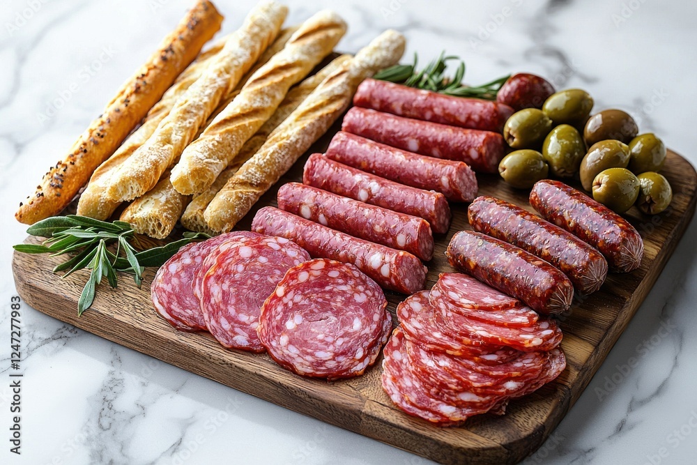 Delicious assortment of thinly sliced sausages and deli meats on a stylish marble backdrop with breadsticks and olives Delicious assortment of thinly sliced sausages and deli meats on a stylish marble backdrop with breadsticks and olives
