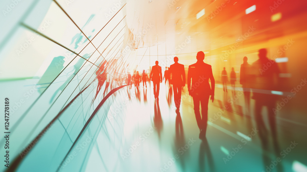 Obraz premium Group of business people silhouettes in modern office building and business network concept. Human resources with pastel innovation charts and graphs with statistics to analyze business